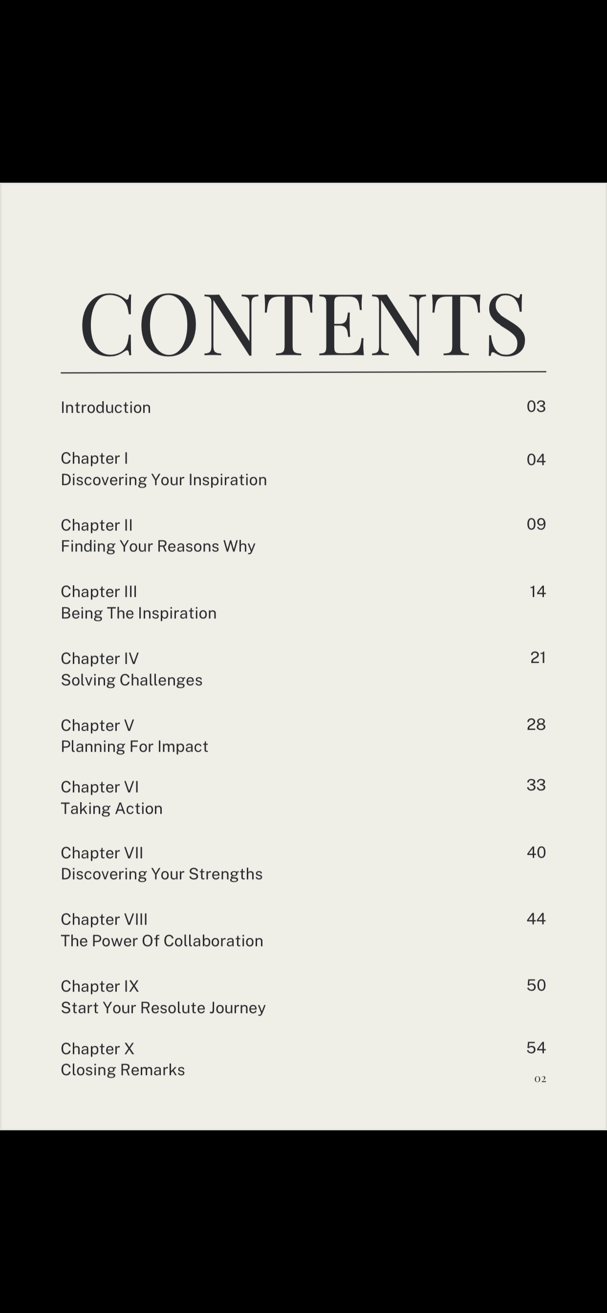 Contents page of Resolute Journey